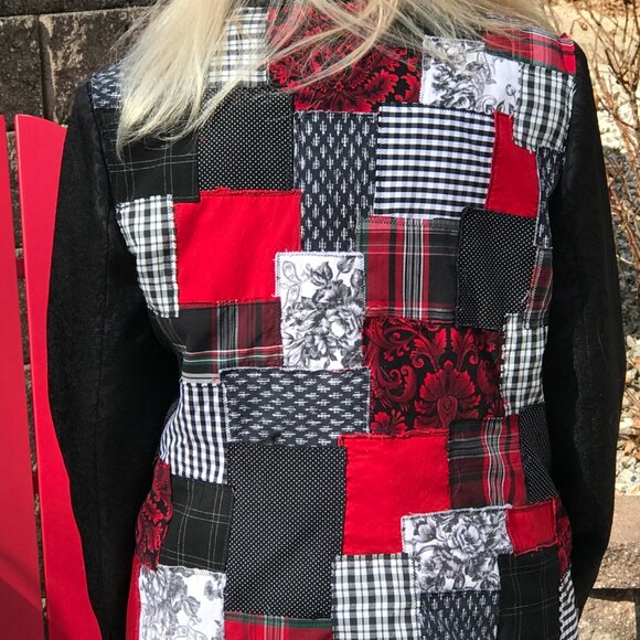 Upcycled Patchwork Jacket, Handcrafted Boho Red Black White Blazer, Size 14P - Picture 10 of 10
